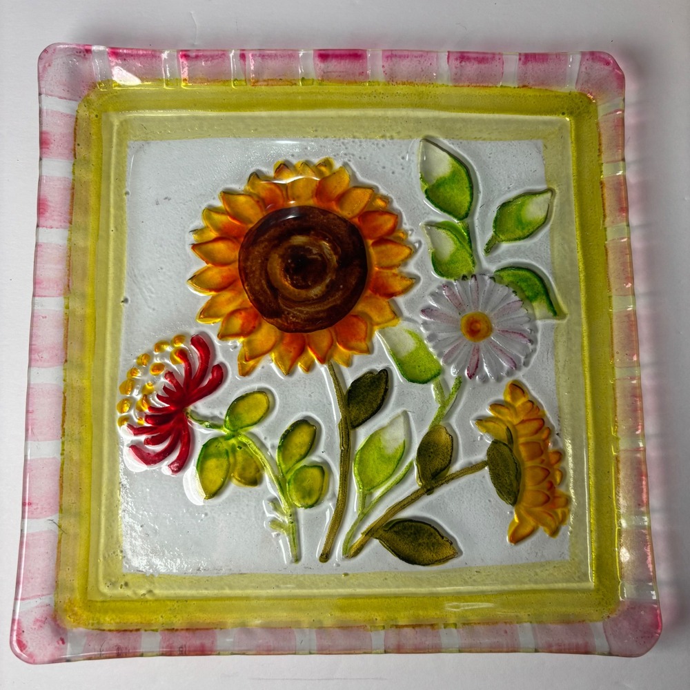Vintage Fused Art Glass Plate 8in Multicolor Sunflower Floral Textured Square